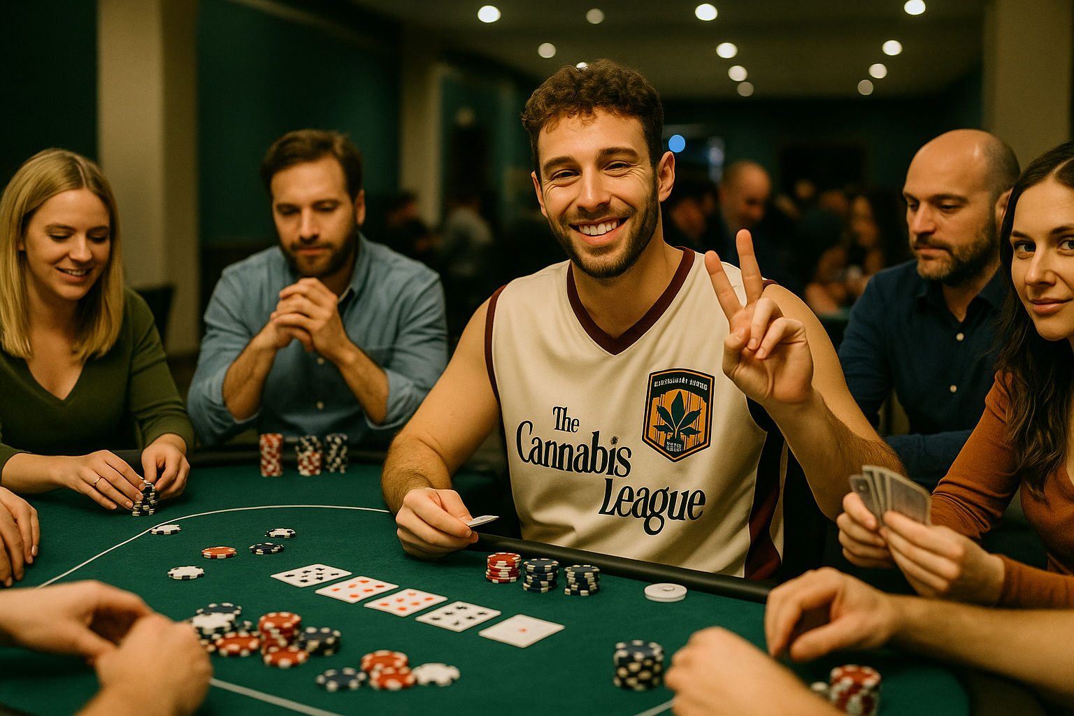 Indoor poker game with Cannabis League jersey