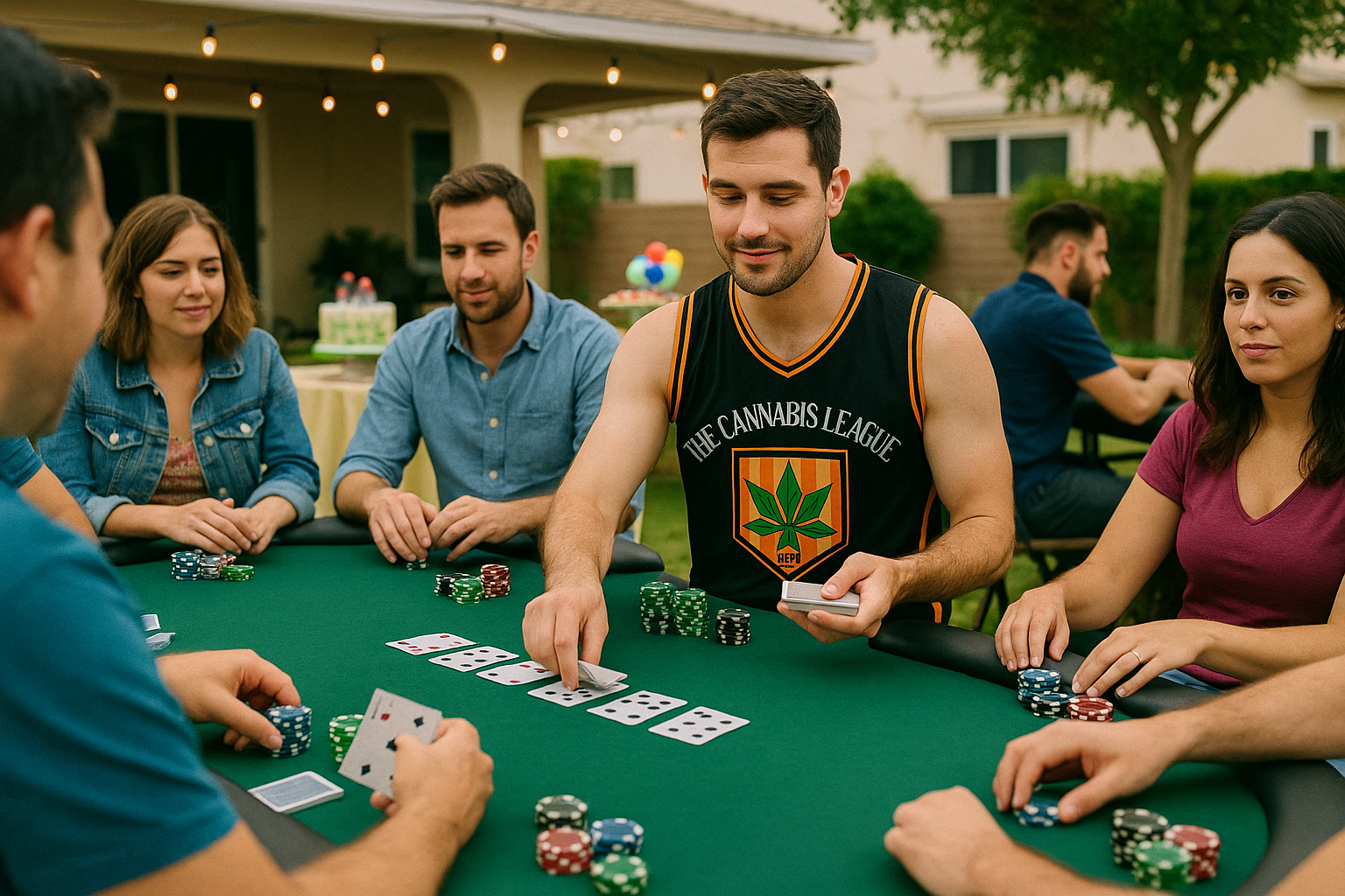 Outdoor poker game with Cannabis League dealer
