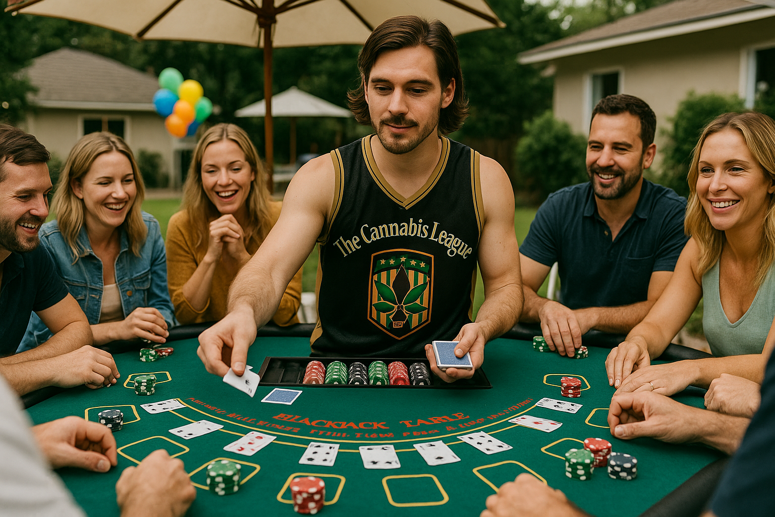 Outdoor blackjack game with Cannabis League dealer