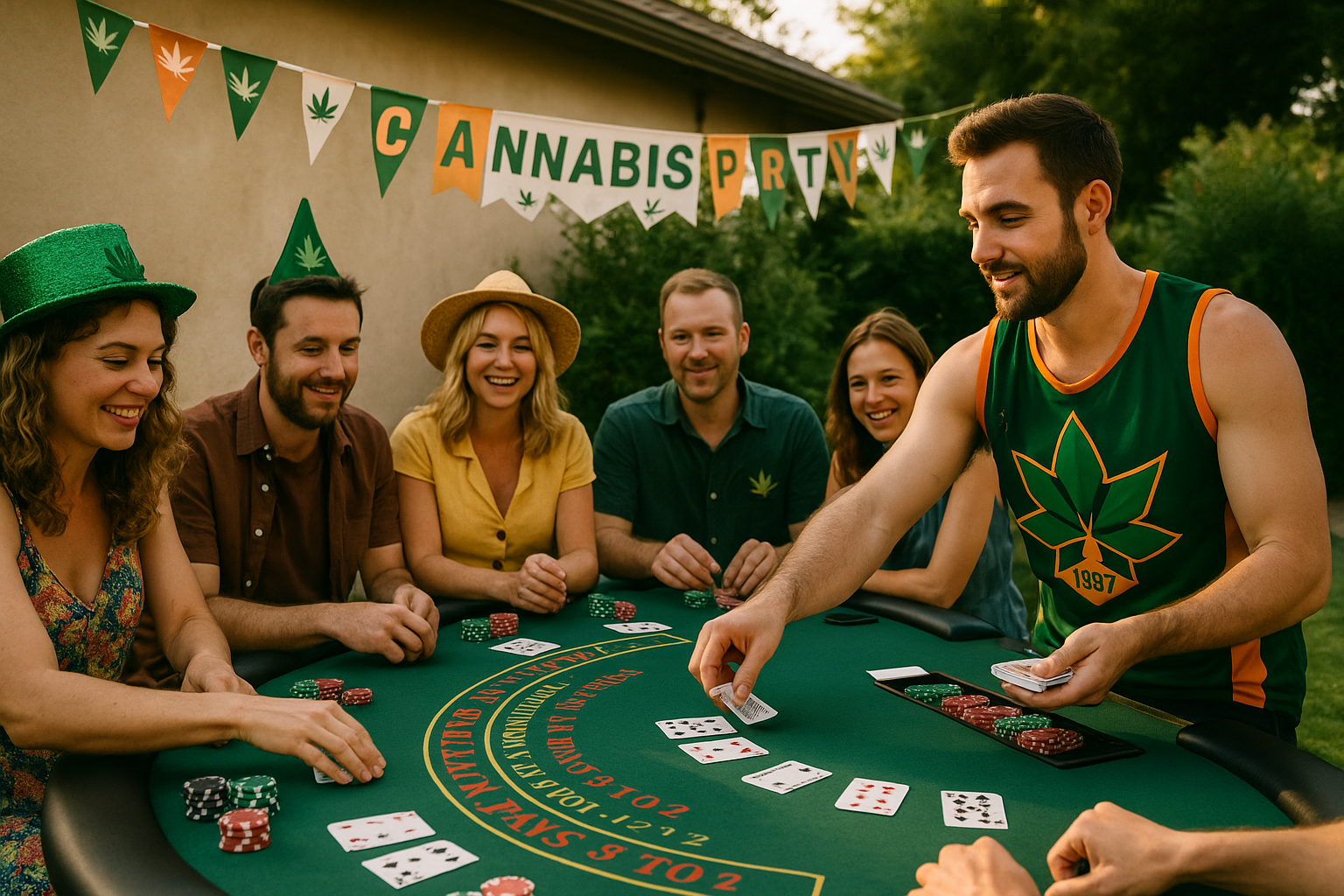 Themed outdoor cannabis party with card games